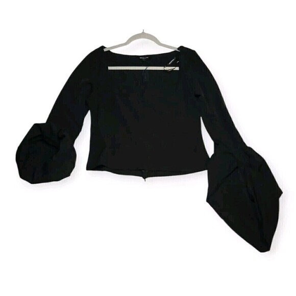 Beulah Tops - BEULAH Women's Black Long Sleeve Blouse M Puff Hem Top